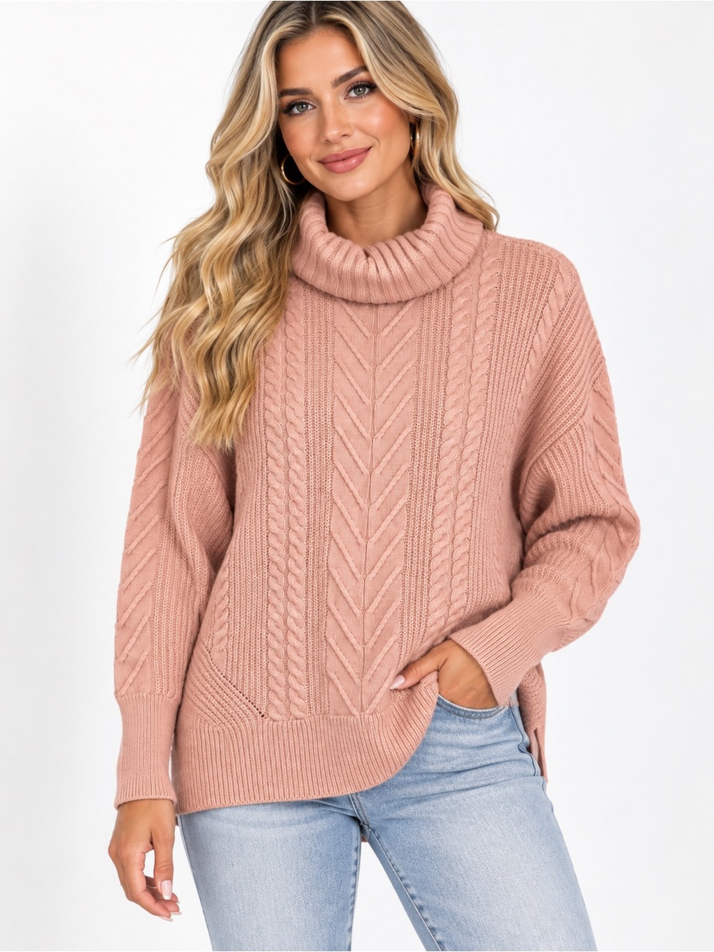 Elie Tahari Blush Pink Cable Knit Turtleneck Sweater Wool Blend